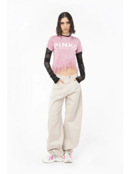 Pinko T-shirt In Cotone Asimmetrica Con Piume Mod. MARTIGNANO/ N98