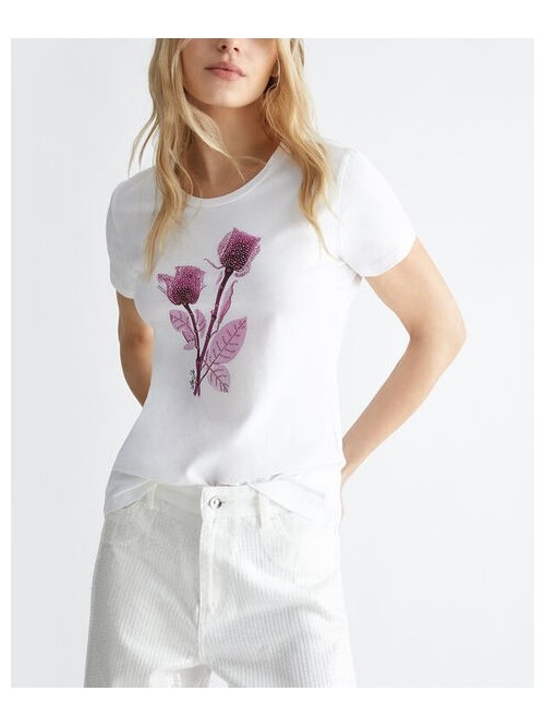 Liu Jo T-shirt In Cotone Con Stampa Di Rose E Strass Mod. MA4341J5003/ N9290
