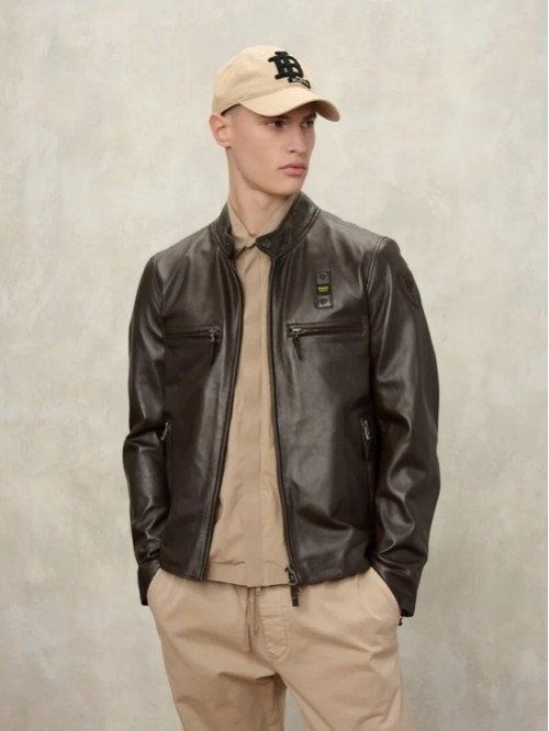 Blauer Giubbino Biker In Pelle Mod. CARLOS 007515/ 392