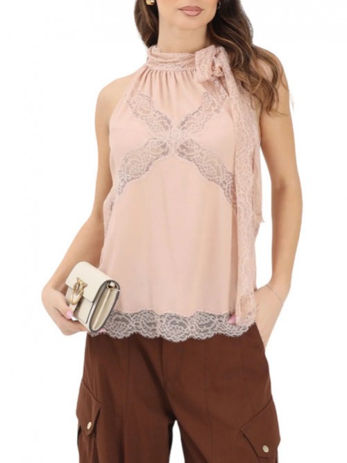 Pinko Top In Misto Seta E Pizzo Mod. MANDARANCIO/ Q35